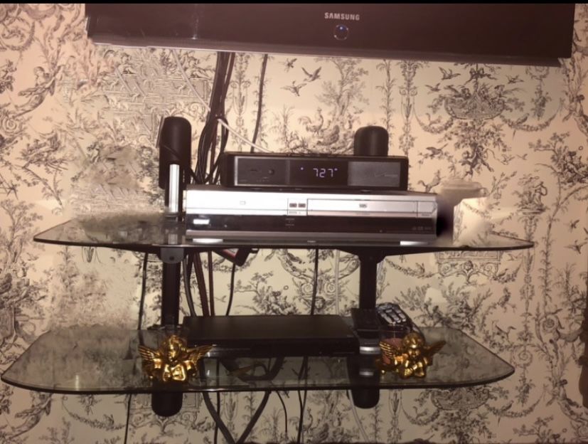 2-Tier Wall Mount With Adjustable Glass Shelves for TV Cable Box, DVD, Remotes
