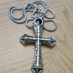 Large Egyptian Ankh Cross Pendant Necklace Stainless Steel 25"