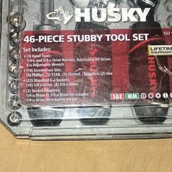 Husky 46-piece stubby ratchet and socket set.