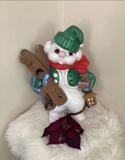 Vintage 1971 LARGE 18” Atlantic Mold  Christmas Hand Painted Ceramic Skiing Snowman Sculpture 