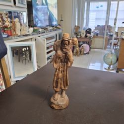 Vintage Bethlehem Shepherd Carrying A Lamb On His Shoulders, Hand Carved From Olive Wood 9.75"H