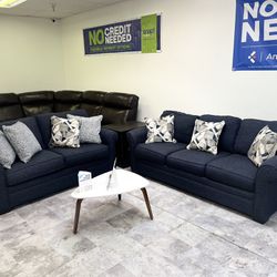 Dark Navy Blue Fabric Sofa & Loveseat Pull Out Bed - We Deliver & Finance 🔥💸🚚