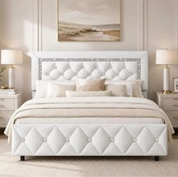 Queen Bed Frame, Upholstered Platform Bed with Button Tufted Headboard
Princess Platform Bed with Crystal Design, Wooden Slats Support, No Box Spring 