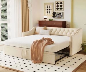Twin Size Upholstered Daybed with Pop Up Trundle, Velvet Convertible Sofa Bed for Living Room Guest Room, Beige