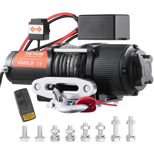 VEVOR Electric Winch, 12V 4500 lb Load Capacity Nylon Rope Winch, IP55 1/4” x 39ft ATV UTV Winch with Wireless Handheld Remote & Hawse Fairlead for To