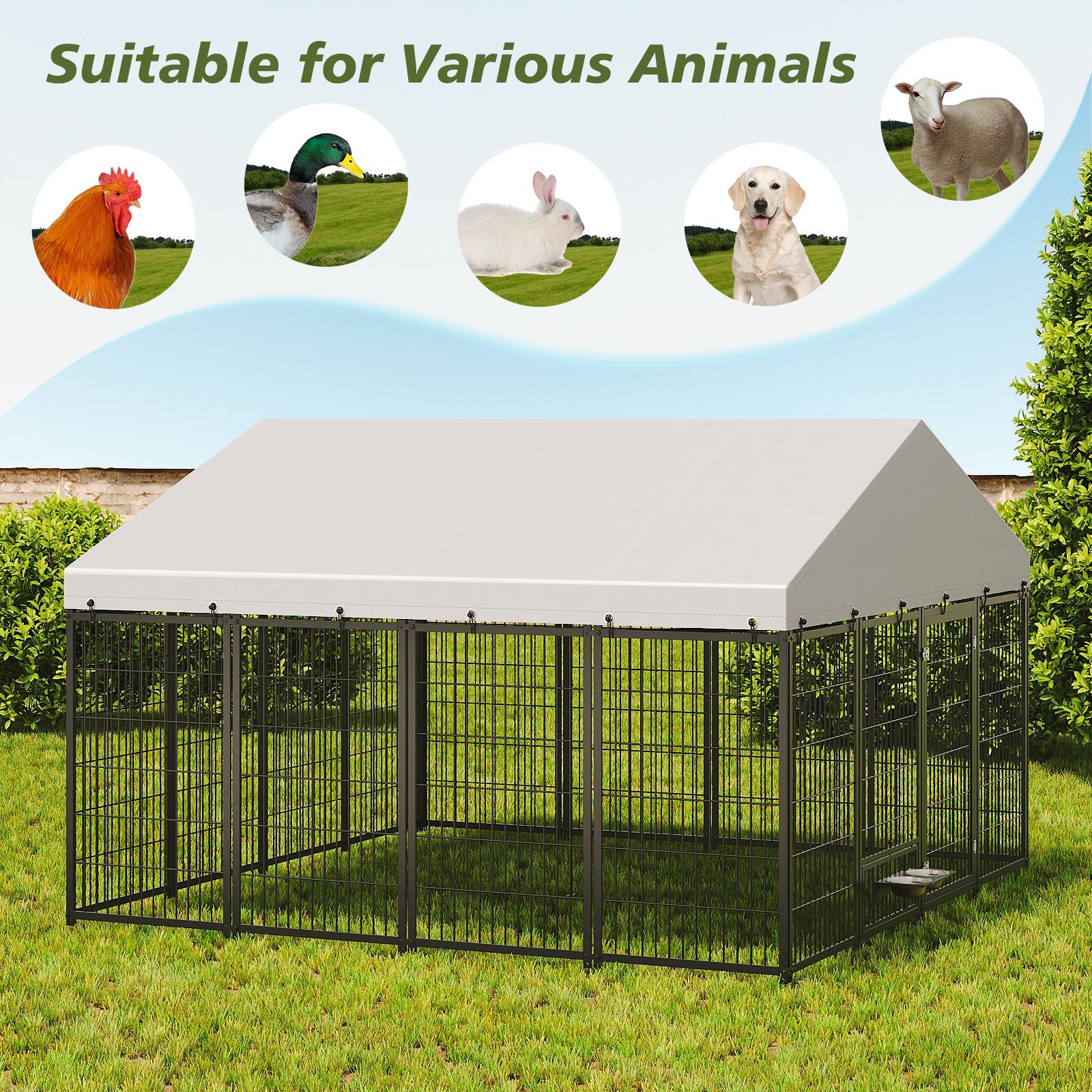 Large Dog Kennel Outdoor Pet Pens Dogs Run Enclosure Animal Hutch Metal Coop Fence with Roof Cover. 9.62'L x 9.35'W x 6.18'H.