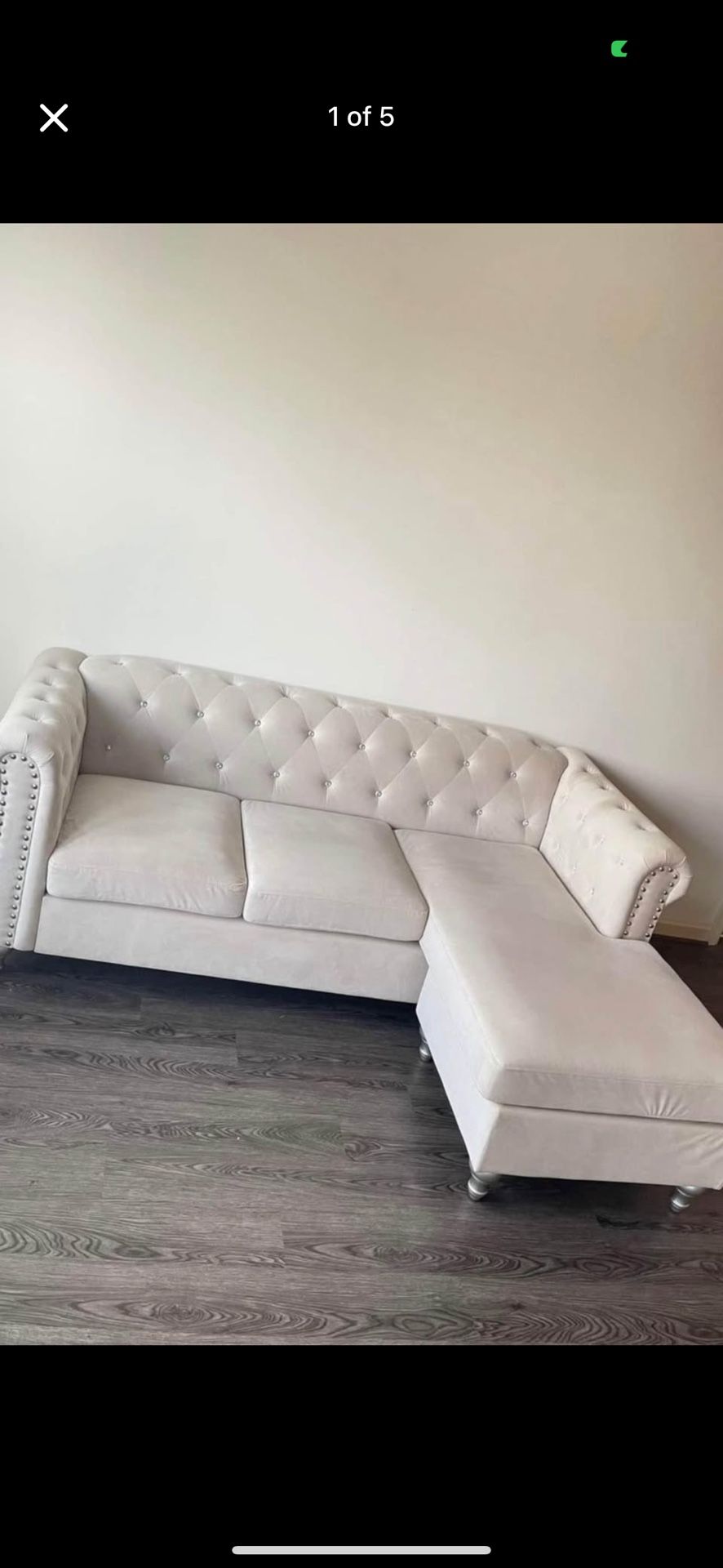 Rhinestone crème velvet sectional 2 little spots on couch not noticeable covered by pillow/ Glass Table