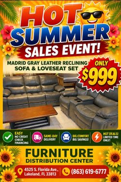 Limited time sale. Madrid, gray leather reclining sofa and loveseat set only $999. Easy finance option. Same-day delivery.