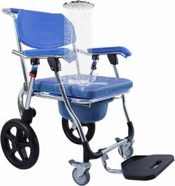 Folding Shower Commode Wheelchair - 300lbs Beside Commode Chair with Padded Seat, Waterproof Rolling Shower Chair with Armrests and Backrest, Shower C