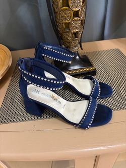 Anne Klein Navy Blue Rhinestone Block Heel Sandals