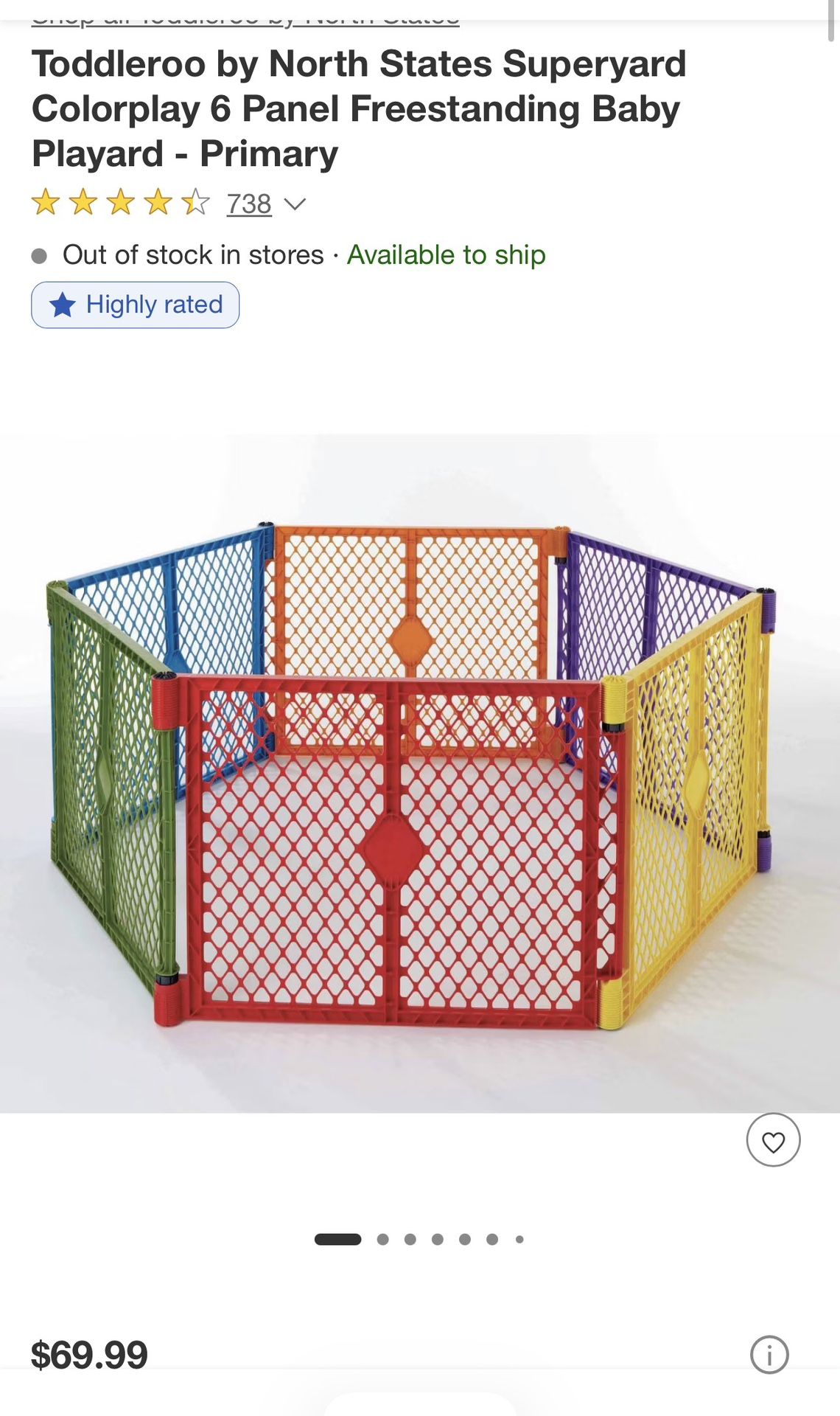 Toddleroo by North States Superyard Colorplay 6 Panel Freestanding Baby Playard - Primary