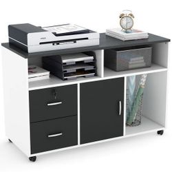 New 2 Drawer Printer Stand, Mobile Lateral Filing Cabinet, Black And White