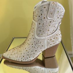 White Chelsie Boots With Brown Rhinestones