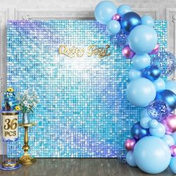 36pcs Rainbow Blue Shimmer Wall Backdrop 36PCS, Black Back Not See-Through Design Square Sequin Glitter Backdrop Panel Retails $110