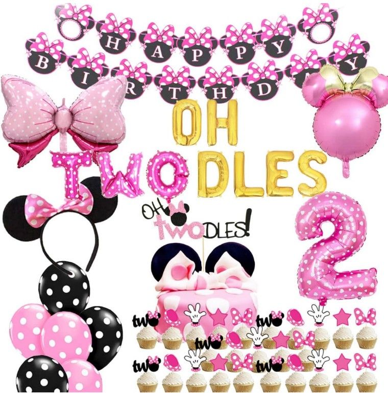 Minnie Mouse Oh Twodles Balloons Pink Second Birthday Cake Topper 2nd Banner Party Supplies Decorations Photo Prop for Girl Baby Bday


