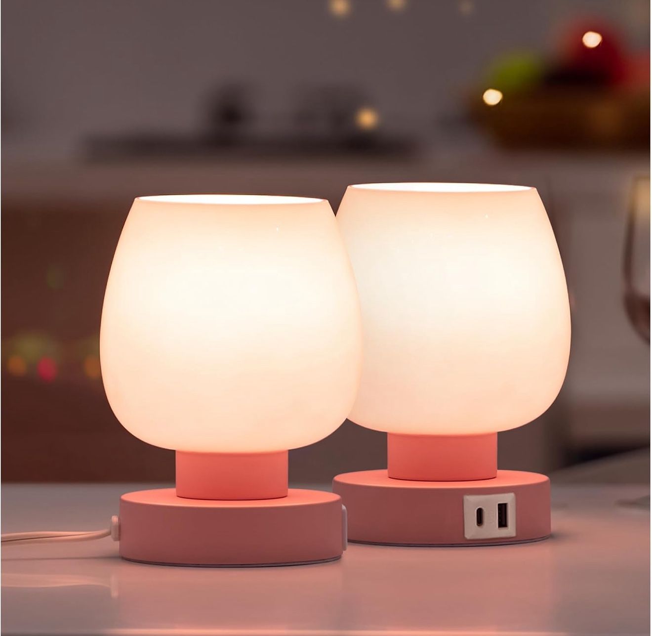 set of 2 Pink Touch Table Lamp with USB Charging 3 Way Dimmable Small Lamps