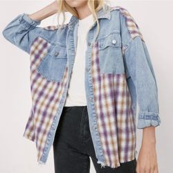 Nasty Gal Boho Indie Plaid Denim Check Mixed Spliced Oversized Grunge Shirt S