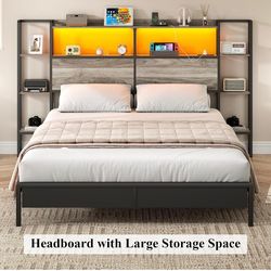 Headboard for King Size Bed with Storage, Headboards with Charging Station & LED Lights, Head Board with Side 3-Tier Storage Shelves & Bed Adapter for