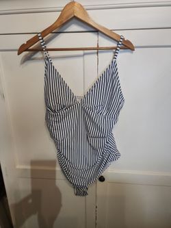Womens Navy White Striped V-Neck 1 Piece Swimsuit Size XLARGE