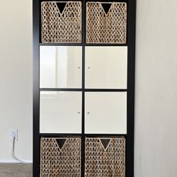IKEA Kallax 2x4 shelf unit w/ baskets, cabinets, & power outlet