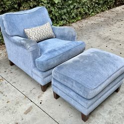Blue Chenille Couch Chair With Ottoman