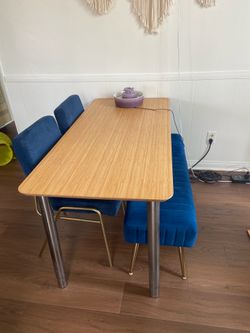 Blue velvet dining set and bamboo table