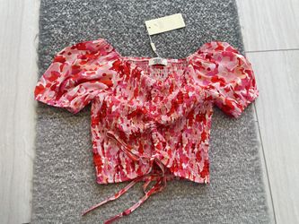 JULIA Pink Red Multicolor Puffer Sleeve Ruched Top