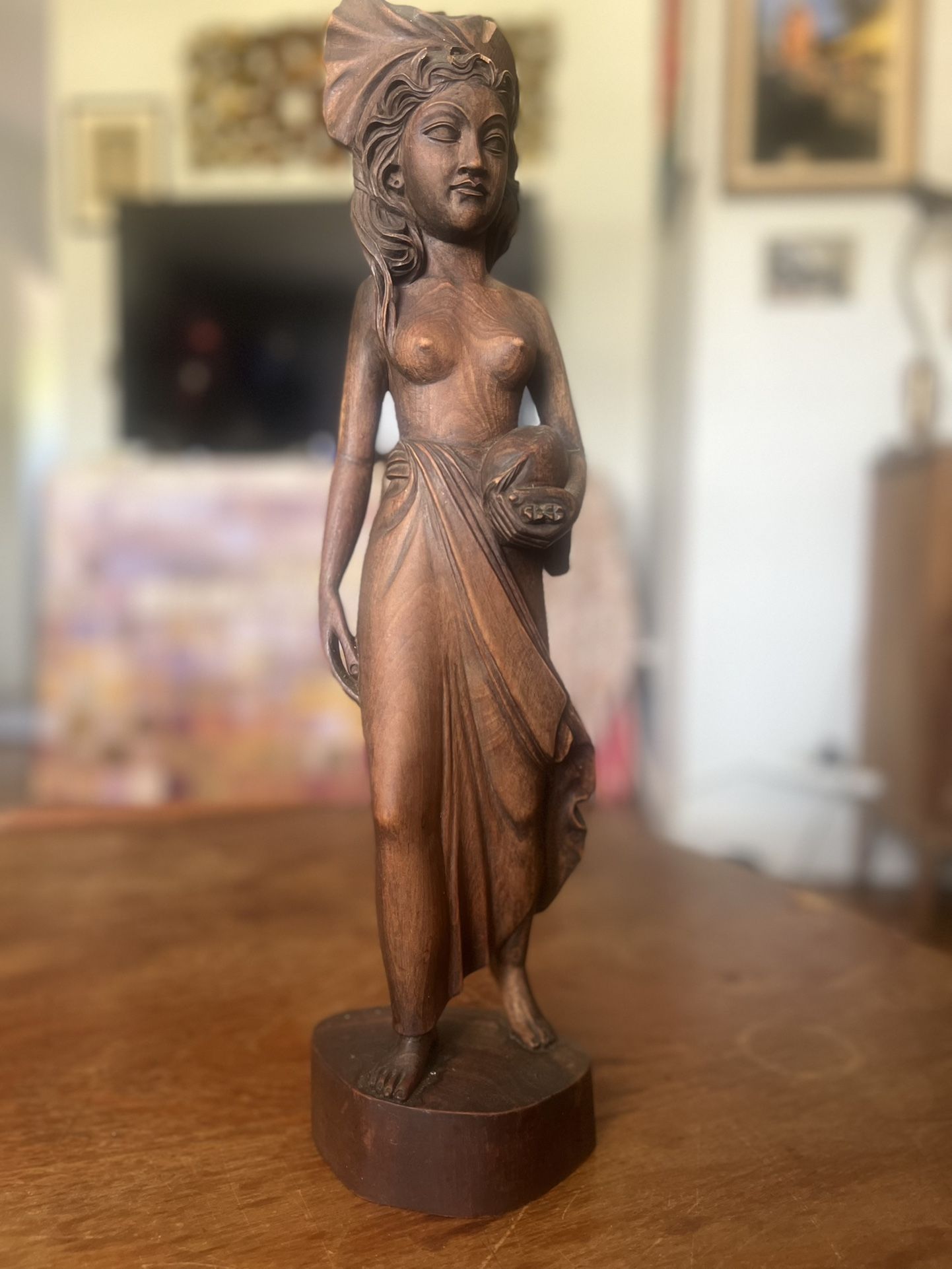 Vintage Nude Female Statue (Woman Lady) Hand carved Wooden Exotic Pig Boar. Light Chipping displayed in pictures ( front hair & top of hat) Stands