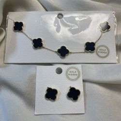 Black Clover Necklace & Earrings Set – Gold Dipped