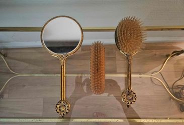 Vintage Gold Embroidered Vanity Set Mirror Brushes