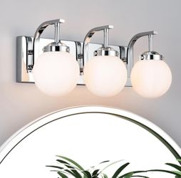 3 Lights Bathroom Vanity Light Fixtures Modern Chrome Vanity Light with Milk White Glass Globe Shade Bathroom Lighting Over Mirror Wall Sconce for Bed