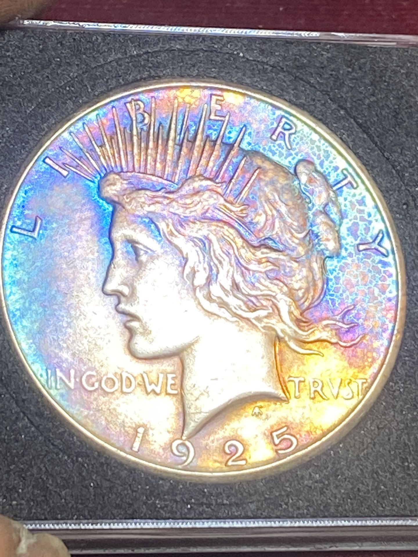 1925 piece dollar silver, rainbow, multicolored, front and back