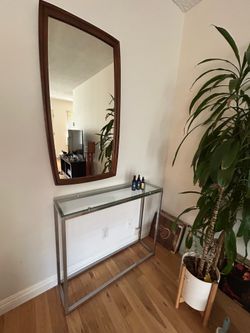 Mid-Century Modern Wooden Mirror & Glass Console Table Set