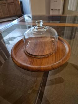 Mid Century Teak Wood Tray Cheese Cloche
