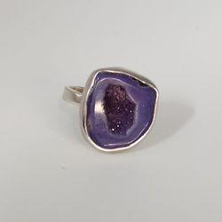 Sterling Silver Heat-Treated Purple Druzy Agate Statement Ring Size 8