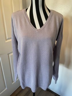Dusty Lavender Sweater With Grey Stripe On Shoulders