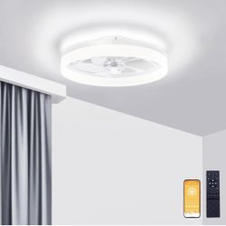New 19.7” Fandelier Ceiling Fan Flush Mount, 3000K-6500K Smart Bladeless LED Fan Light, White 