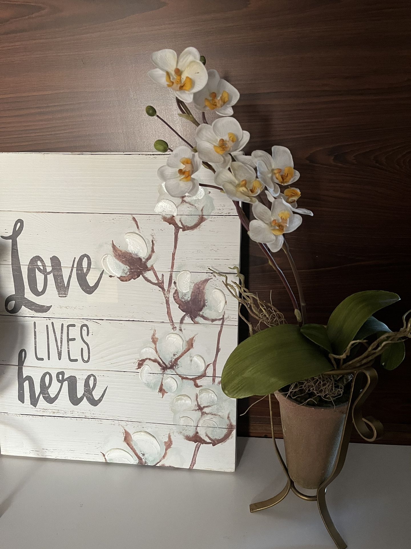 Artificial Orchid Vase In Metal Stand