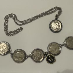 BUFFALO NICKEL Vintage Charm Link Silver Bracelet & Necklace With Chain