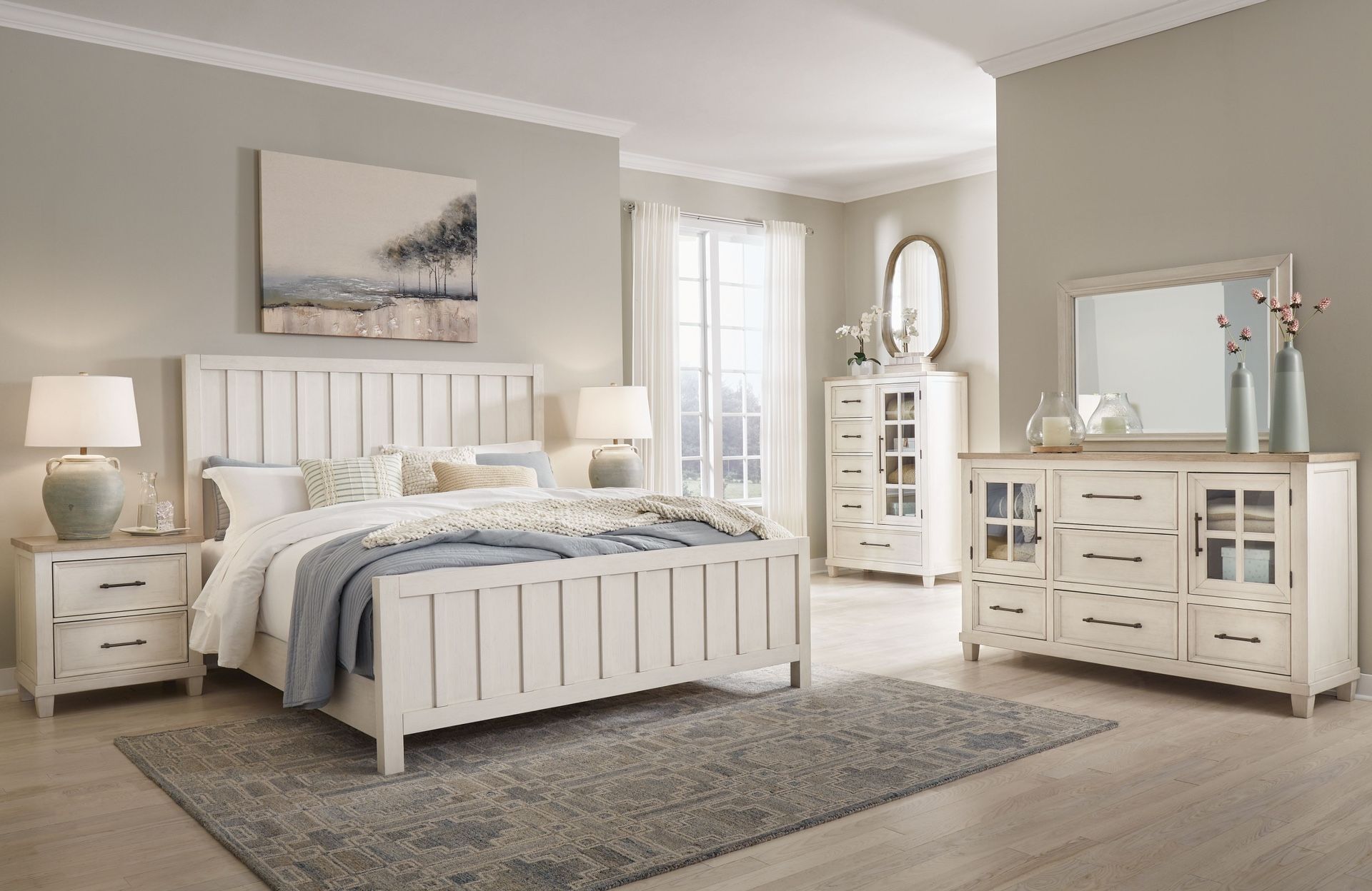 Shaybrock - Antique White - 6 Pc. - Dresser, Mirror, King Panel Bed, 2 Nightstands