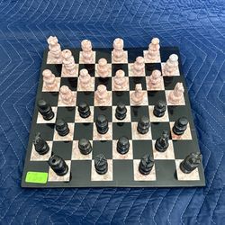 Onyx Marble Chess Set Black Pink Stone Hand Carved Pieces & Board