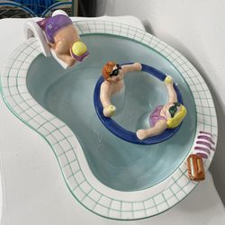 Vintage 1995 Lotus Swimming Pool Hot Tub Chip And Dip Bowl - Ceramic Set 