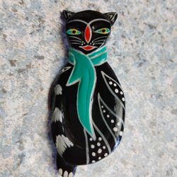 Whimsical Folk Art Black Cat with Scarf Brooch Pin