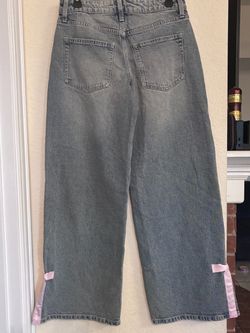 Wide Leg Jeans with Pink Bow Hem Detail