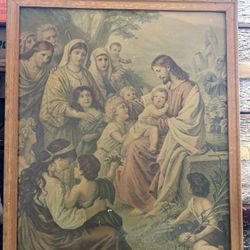 Antique Jesus and children picture, framed Christ lithograph picture, mid century 40s 50s, religious alter decor, rustic primitive farmhouse