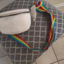 White Fanny Pack With Rainbow Strap