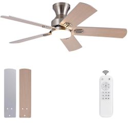 48 Inch Brushed Nickel Ceiling Fans with Lights and Remote,Low Profile Flush Mount Modern Ceiling Fan with Light,5 blades,Dimmable LED Light,6 Speed D