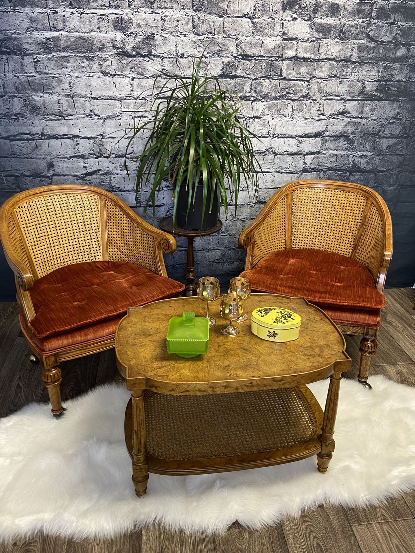 2 Vintage Cane Chairs With Coffee Table 
