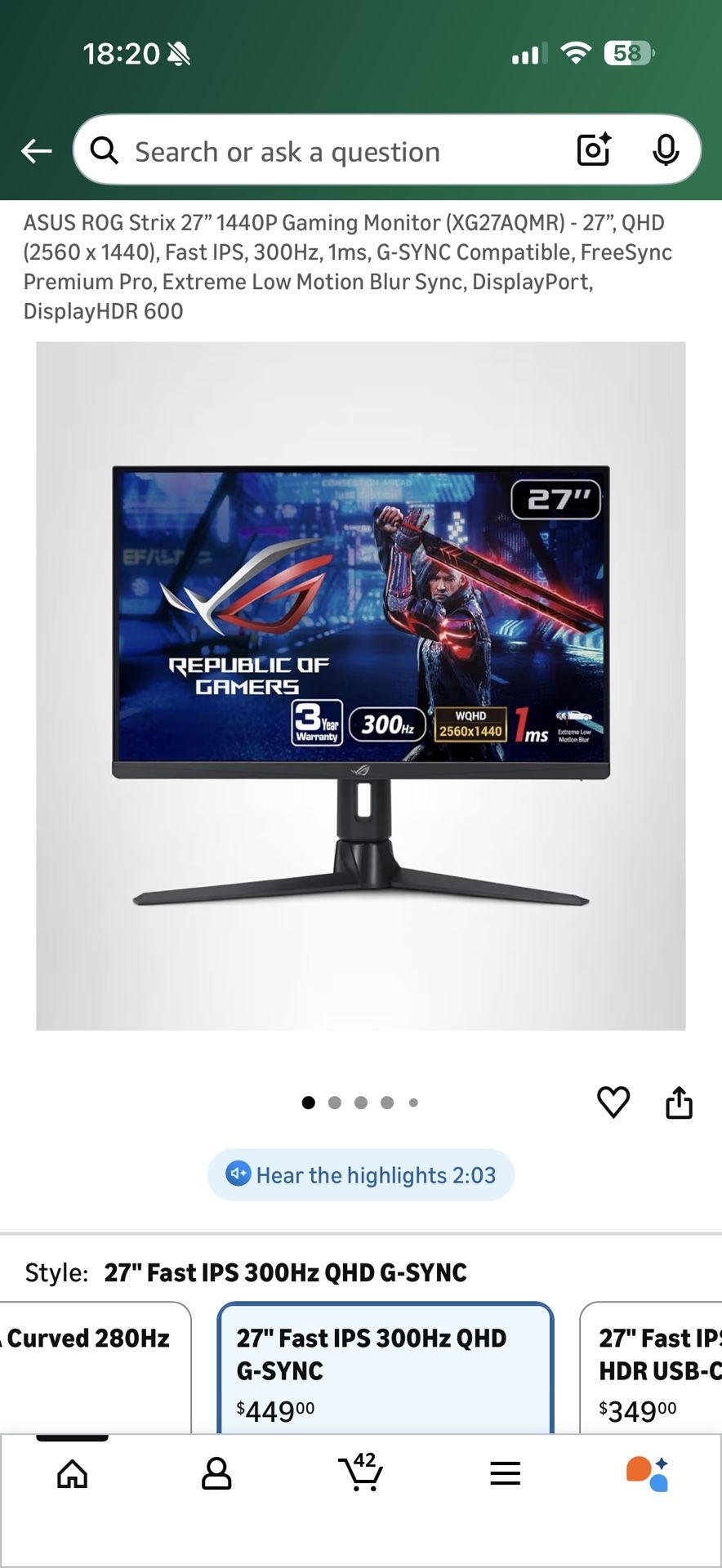 ASUS QHD 300Hz Gaming Monitor