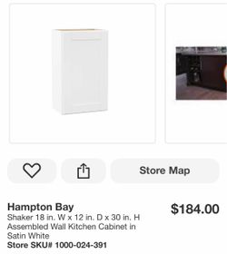 Hampton Bay Shaker 18 in. W x 12 in. D x 30 in. H Assembled Wall Kitchen Cabinet in Satin White Store SKU# 1000-024-391